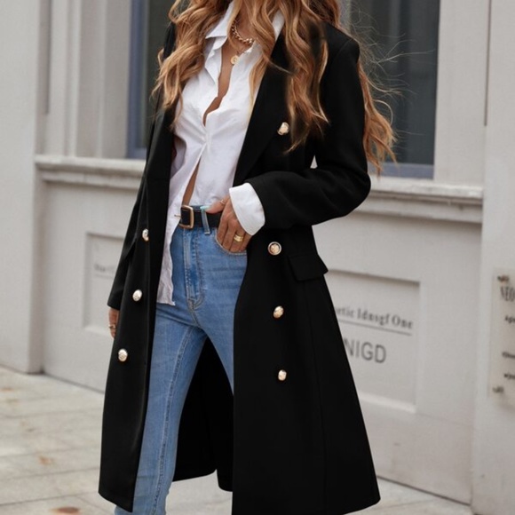 Classic black Button up Long Trench Jacket Coat - Picture 1 of 8